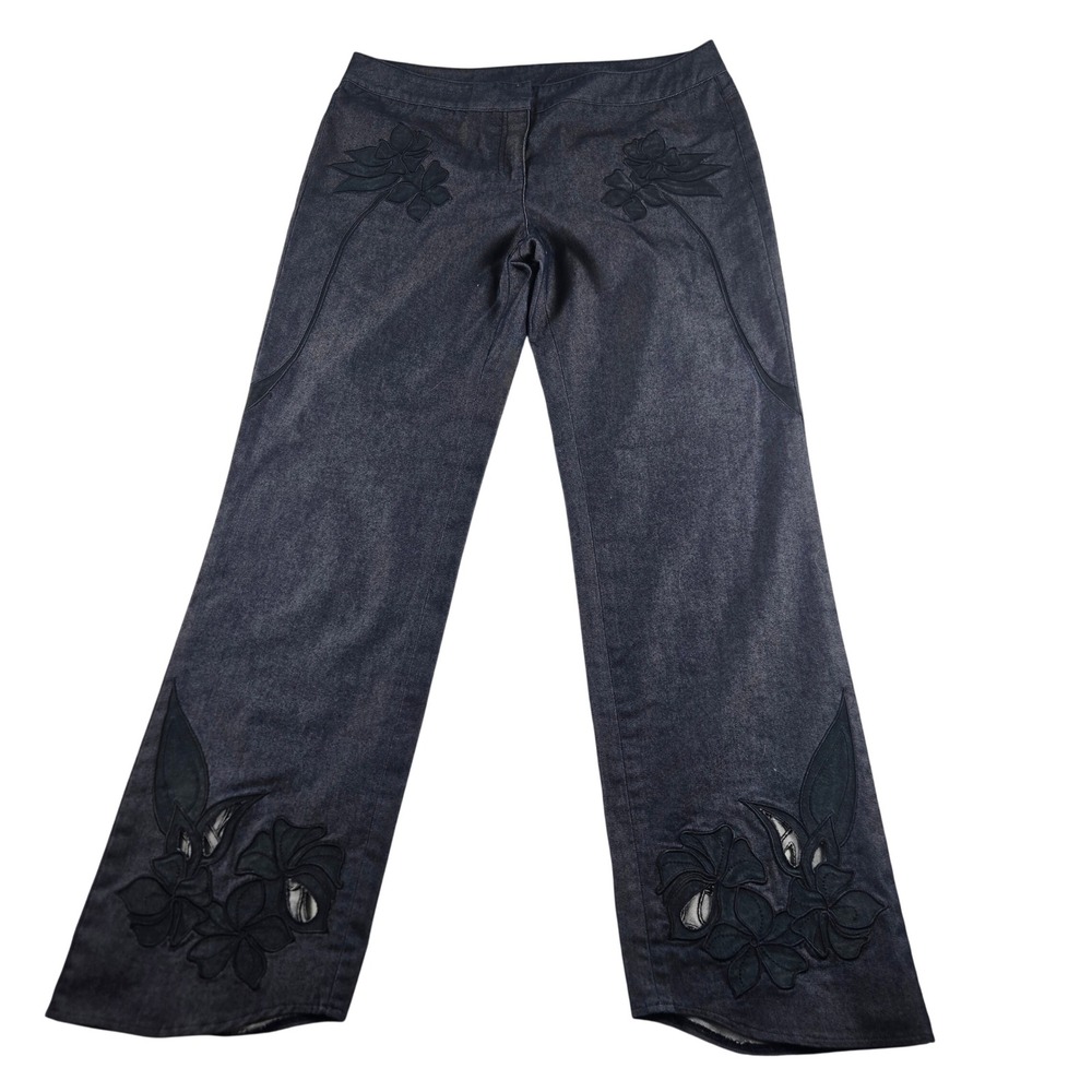Express Stretch Pants Women 11/12 Blue Leather Floral Applique Denim Y2K 90s